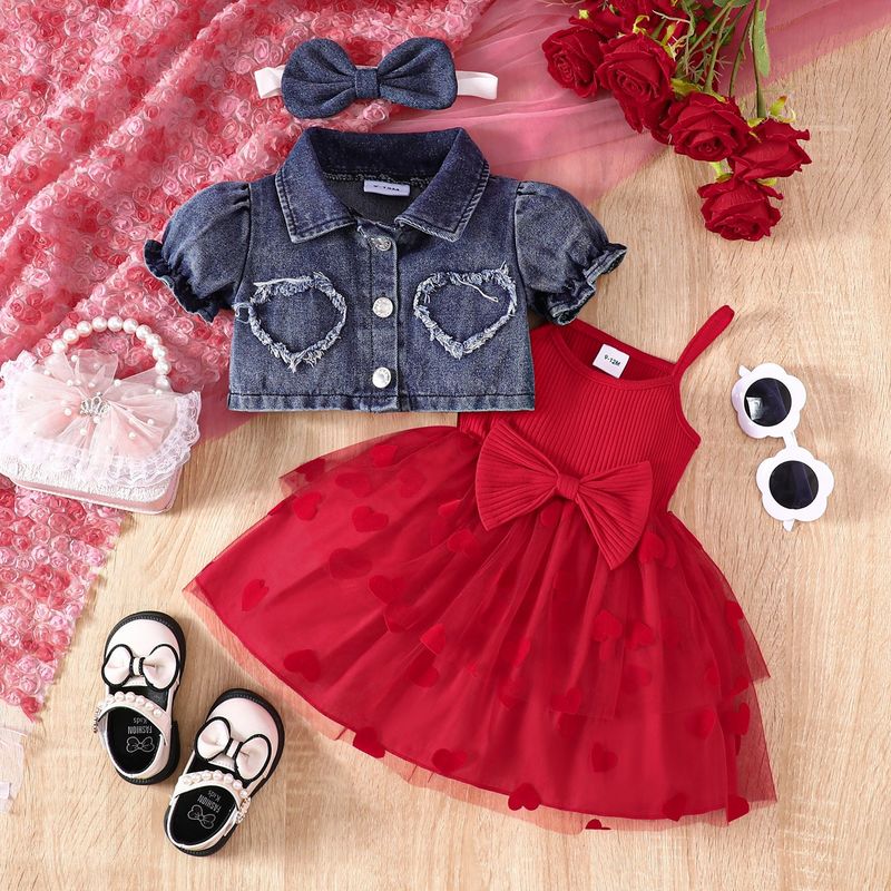 Kannerkleeder Summer Puppelchen Meedchen Kostüm Jeans Kuerzjackett Hosenträger Mesh Tüllrock_voghion.com