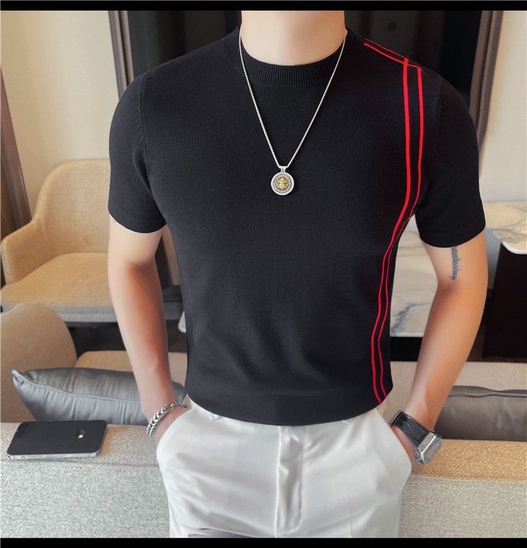 Summer New Products Men's Thick Short Sleeve T-Shirt Threaded Neckline Short Sleeve Knitted Sweater Slim Fit Elastic Bottom Sweater Undershirt_voghion.com