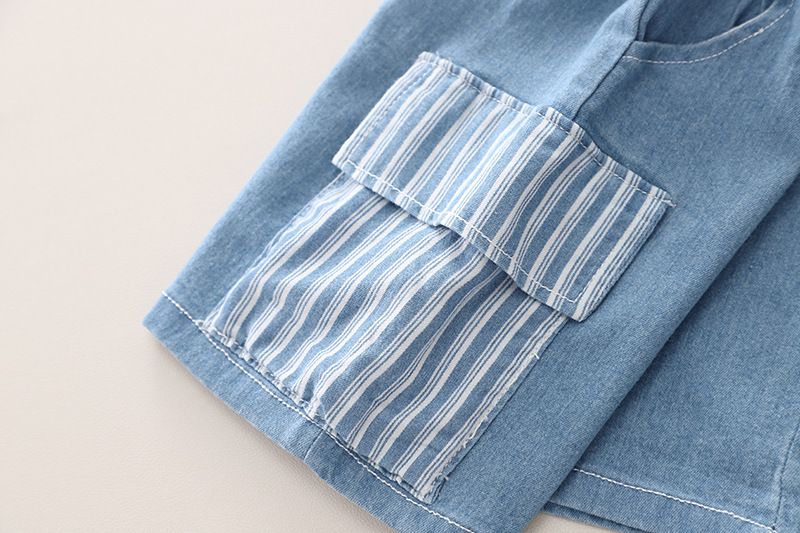 Grenzüberschreitender Außenhandel Kinderkleidung Jungenanzug Sommer Neu Gestreiftes, farblich passendes Jeanshemd Bequemer Anzug mit kurzen Ärmeln und Shorts_voghion.com
