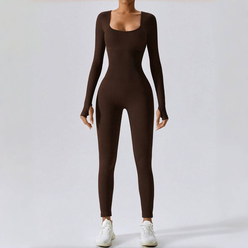 Dropshipping transfronterizo Otoño Invierno Clásico Una Pieza Manga Larga Pantalones Largos Mujer Acanalados Ajustados Altos Elásticos Fitness_voghion.com