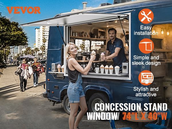 VEVOR Concession Window 74"x40", Aluminum Alloy Food Truck Service Window With Awning Door & Drag Hook, Up To 85 Degrees Stand Serving Window For Food Trucks Concession Trailers, Glass Not Included_voghion.com