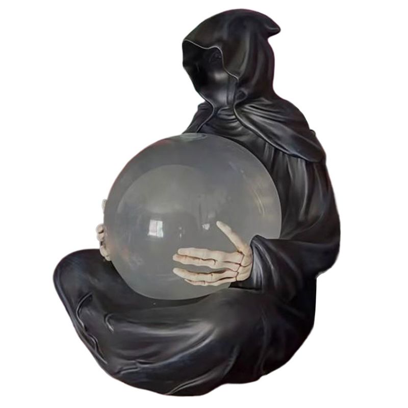 Decoração de Halloween com LED, carregamento USB, bola de cristal do deus da morte, escultura assustadora de resina, ornamento para decoração de mesa_voghion.com