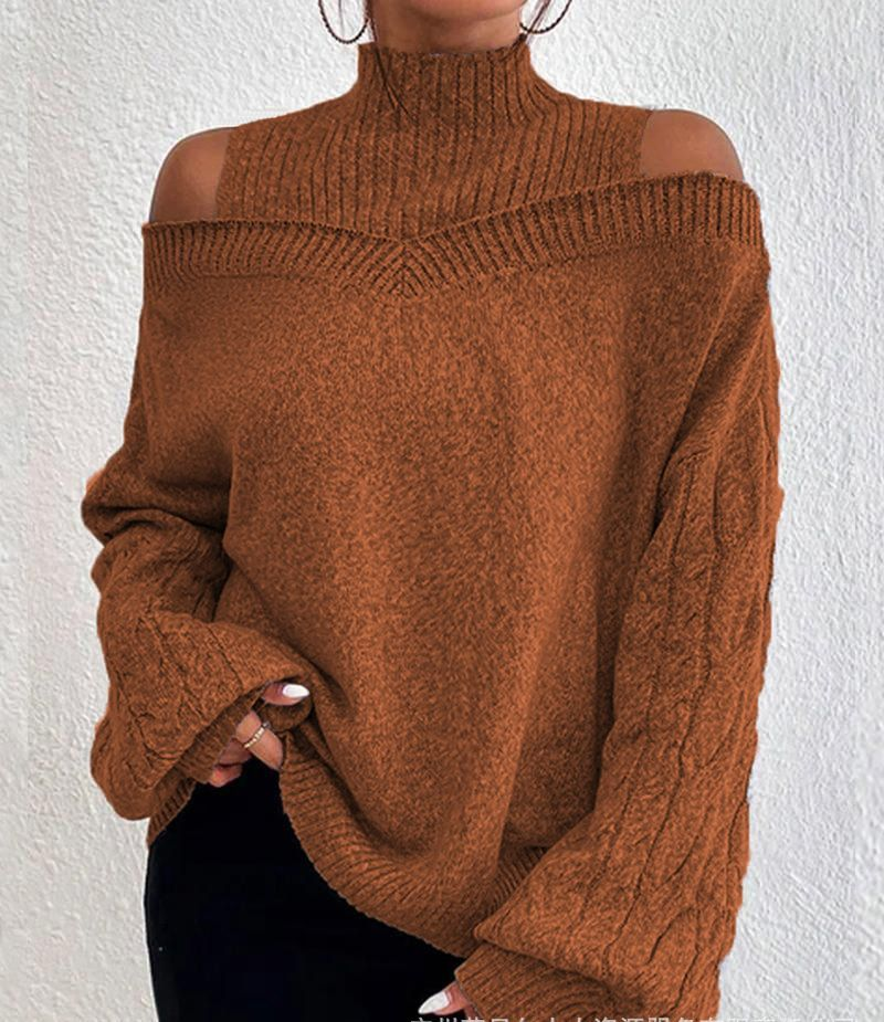 Damenmode, schulterfreier, halber Rollkragenpullover, locker gestrickt_voghion.com
