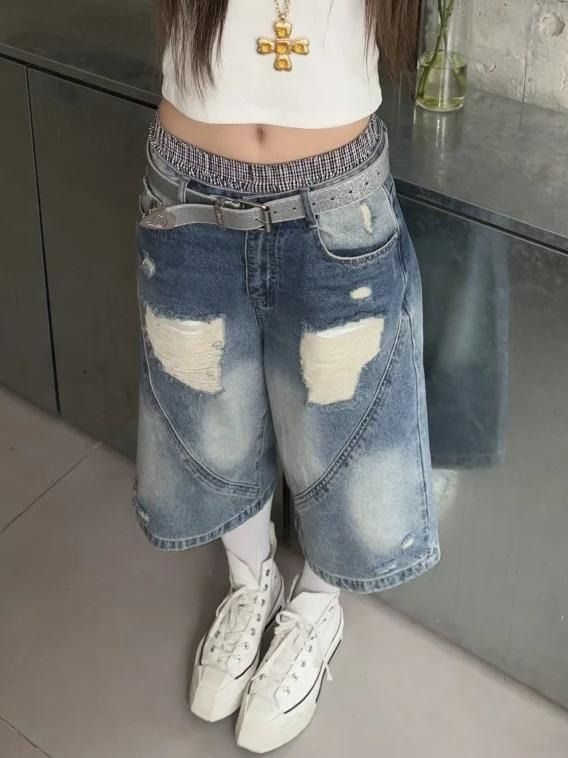 Pantaloncini in denim vintage lavati con gradiente estivo, pantaloni a gamba larga a scimitarra, design high street, versatili ed elasticizzati_voghion.com