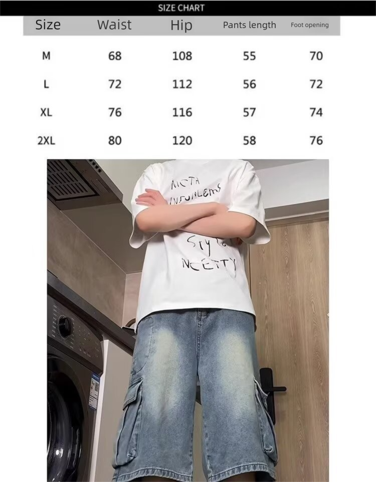 Vintage Washed Cargo Denim Shorts For Men, Summer New Loose Fit With Side Pockets And Large Pocket Design, Casual_voghion.com