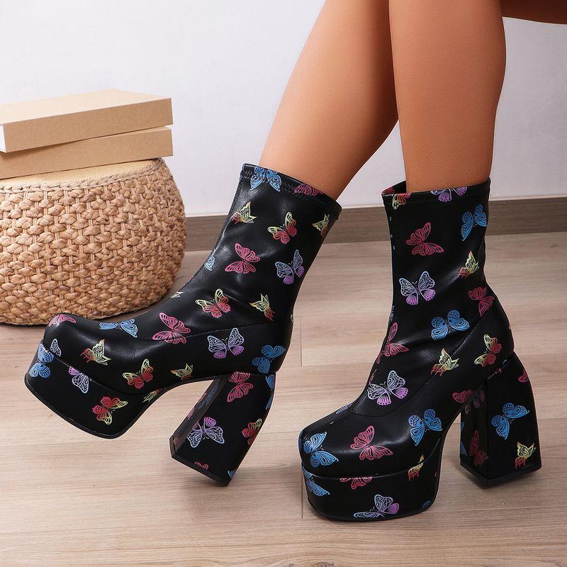 Women's Chunky Heel Pumps denim short boots women's square head waterproof platform high heel fashionable thick bottom women's boots_voghion.com