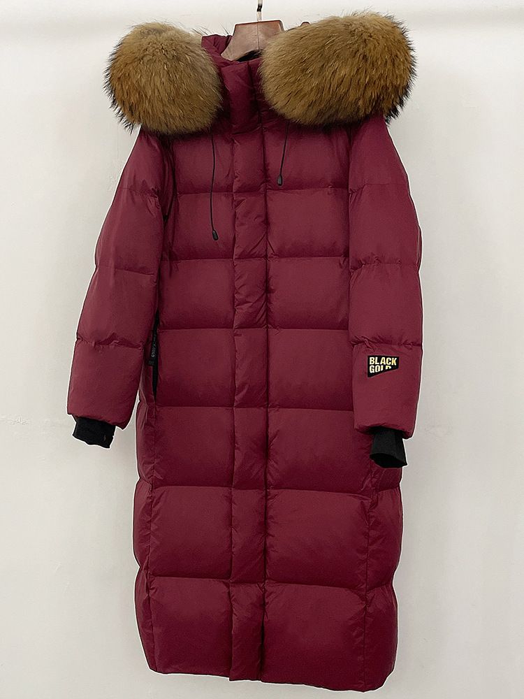 Luxus-Daunenmantel mit Fuchs-/Waschbärpelzkragen – Lange Winterjacke für Damen (Schwarz/Burgund/Creme, S-3XL)_voghion.com