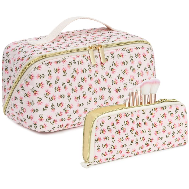 Damentaschen, Kosmetiktasche mit Blumenmuster, tragbare Aufbewahrungstasche für die tägliche Reise, große Kapazität, Akkordeon-Kosmetiktasche, zweiteiliges Set_voghion.com