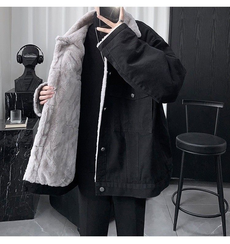 Lammwolle-Jeansjacke für Herren, Retro, amerikanische High Street, lockere Fleecejacke, Baumwollmantel_voghion.com