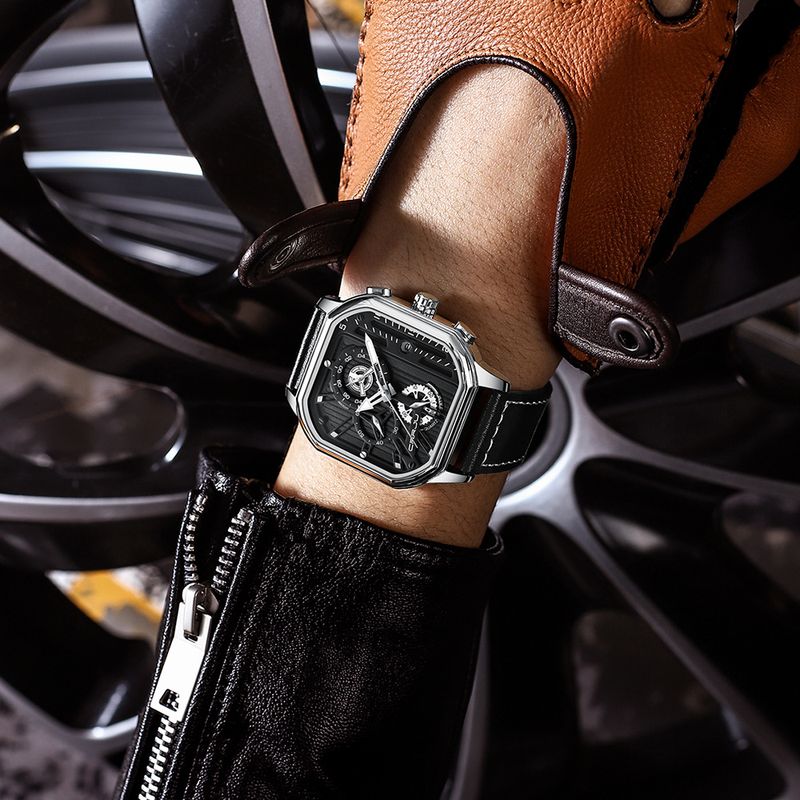 Reloj casual para hombre con calendario, correa de cuero cuadrada, resistente al agua, movimiento de cuarzo y cristal mineral._voghion.com