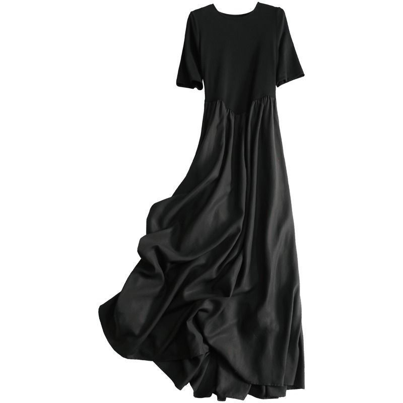 Abito nero Hepburn a maniche corte da donna, estivo, 2025, nuovo, elegante, stile francese, snellente, di media lunghezza_voghion.com