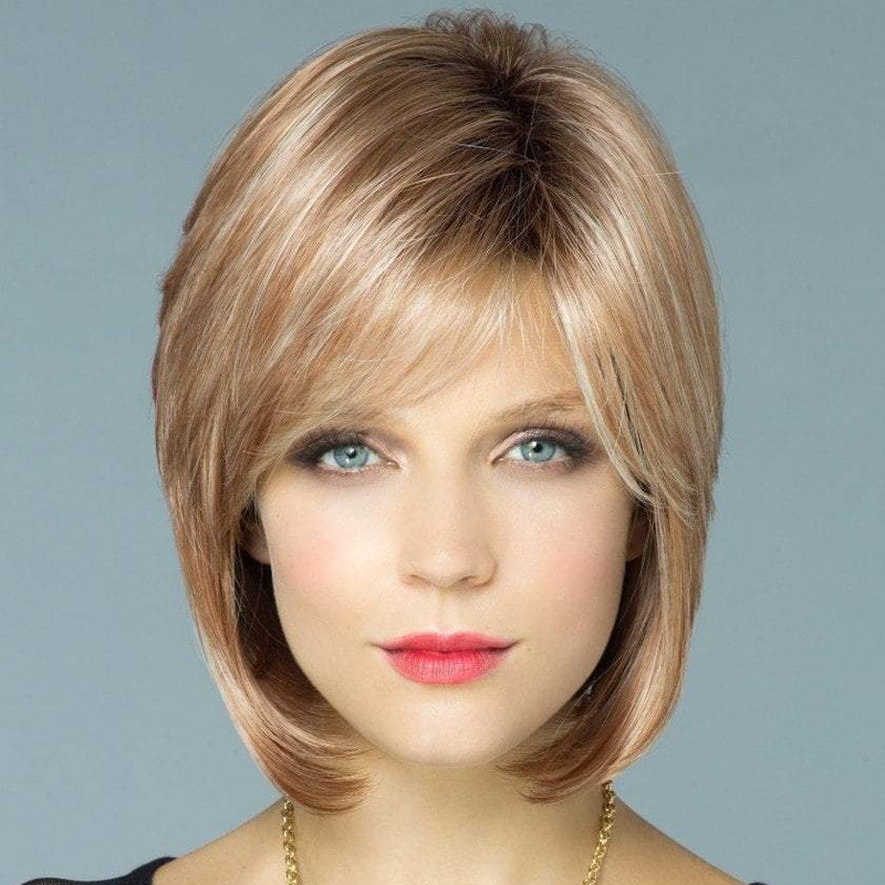 Synthetische Perücke für Damen, kurzes, glattes Haar, gemischte Farben, synthetische Faser, Wickelgesicht, schräger Pony, Perücke, Hochtemperatur-Seide, Rosengeflecht, komplettes Set_voghion.com