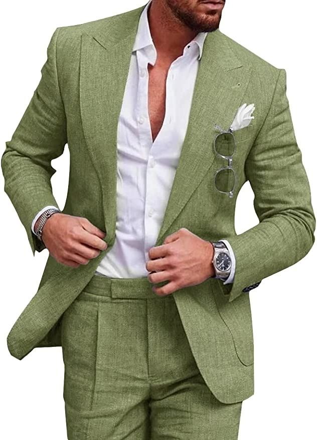 Abbigliamento da uomo nuovi abiti da uomo di grandi dimensioni abiti a due pezzi abiti in lino tinta unita con un bottone (stock completo)_voghion.com