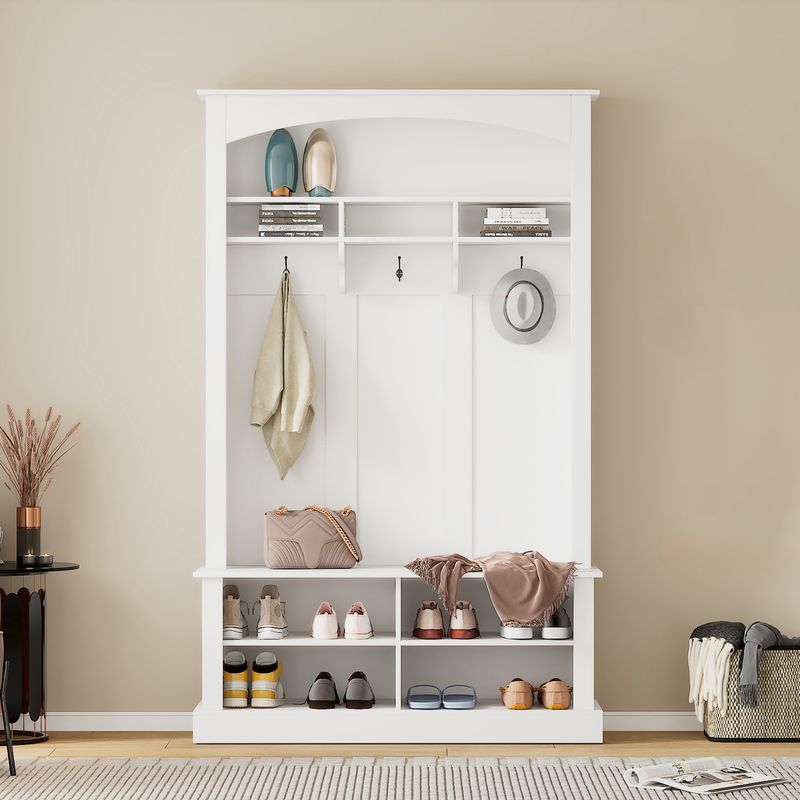 Garderoben-Set Mit Bank Und Schuhablage, 3 Haken, Stauraum, H190xB120xT40 Cm, Weiß_voghion.com