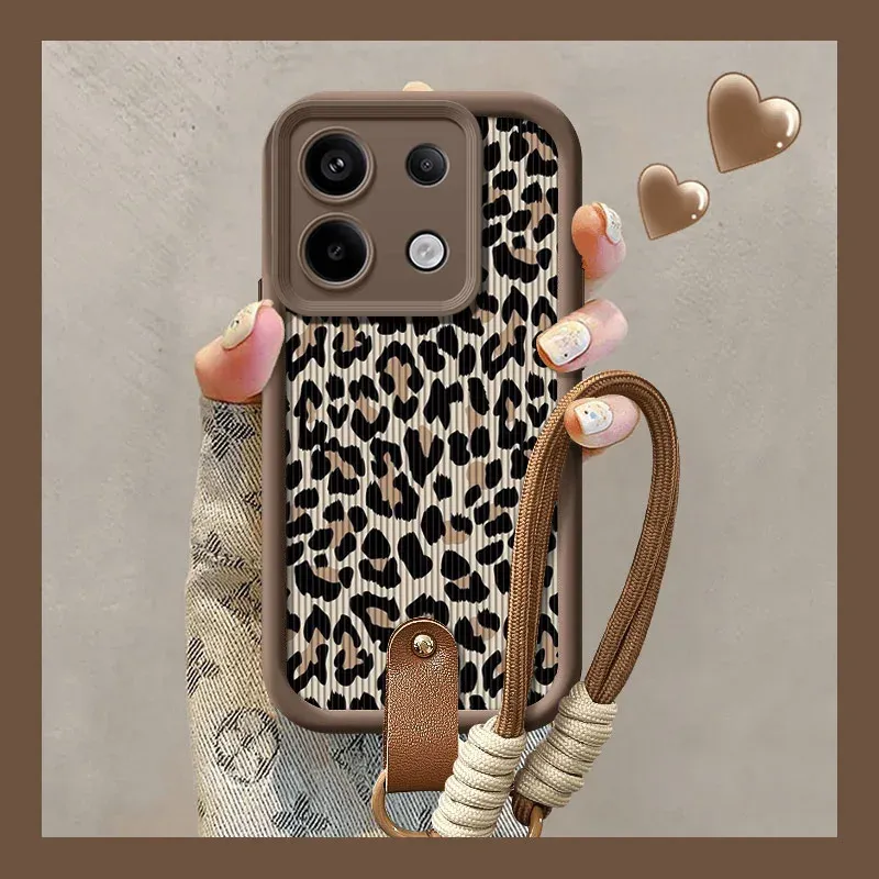 Leopard Print Wrist Chain Case For Redmi Note 13 12 11 10 9 8 7 Pro Plus 11s 13C 12C 14C Shockproof Hang Strap Lanyard Cover_voghion.com