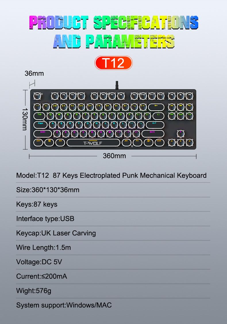 YT75 Mechanical Keyboard Gaming Metal Panel Punk Round Keyboard Russian Korean_voghion.com