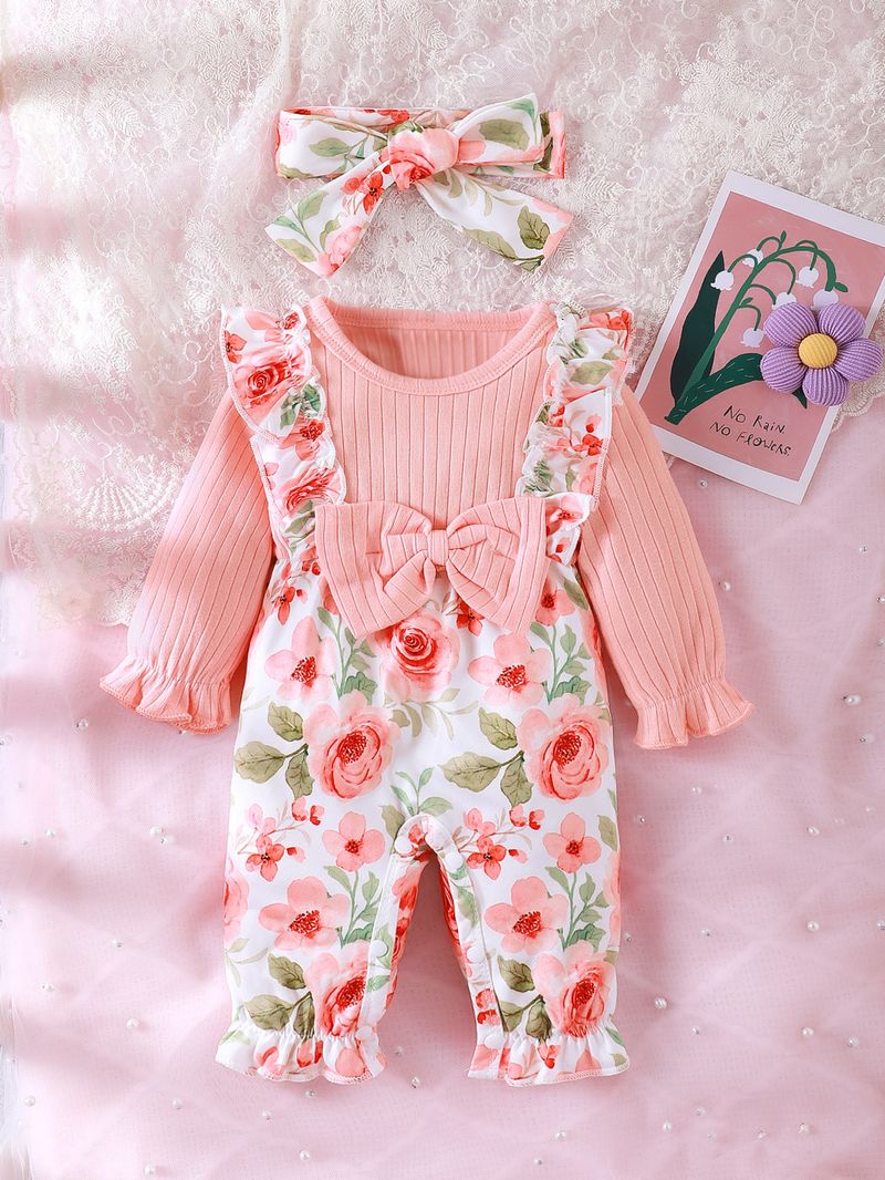 Kinderkleding Babymeisje Lange Mouwen Effen Kleur Bloemenprint Lange Broek_voghion.com