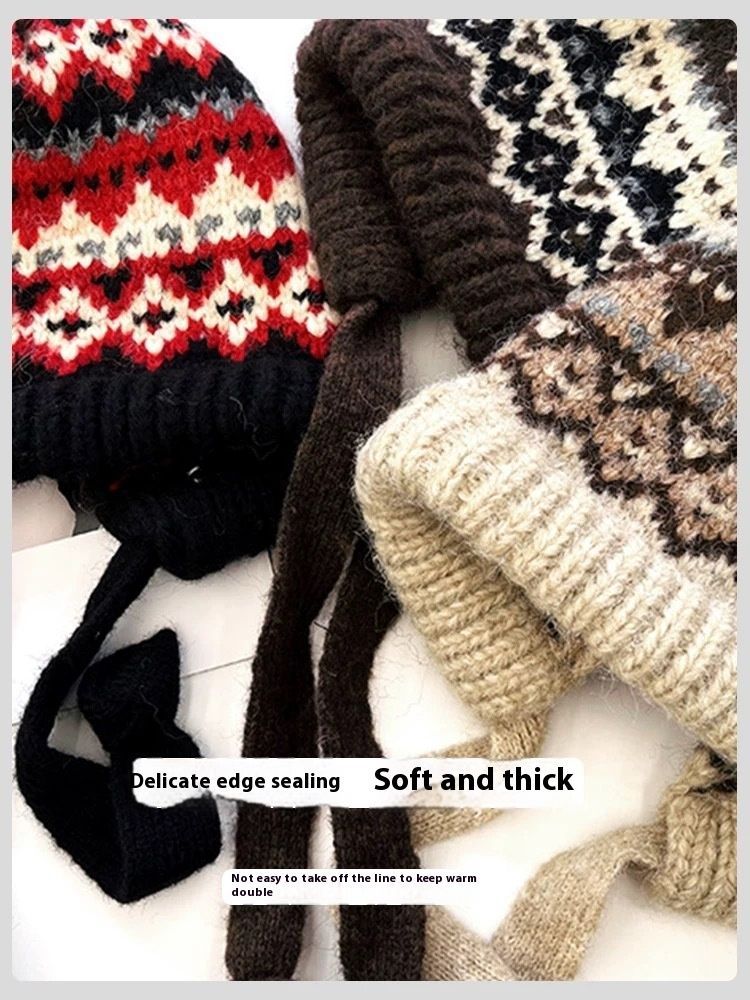 Cappello in lana lavorato a maglia a righe in stile etnico per autunno e inverno, spesso e caldo, protezione per le orecchie anti-freddo, versatile cappello freddo_voghion.com