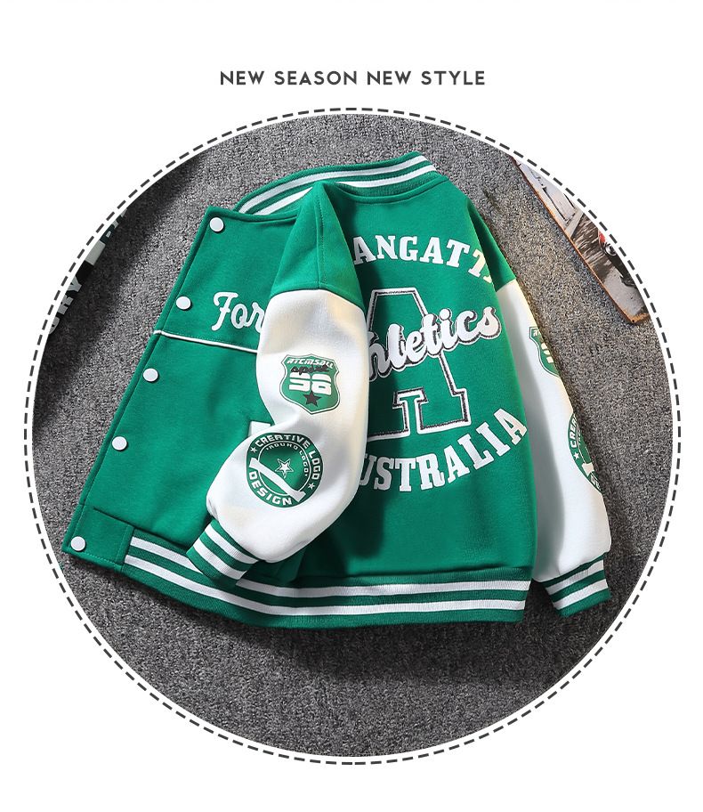 Baseballjacke für Jungen von Mother & Kids für Frühling und Herbst – trendige und hochwertige Oberbekleidung für Kinder von 6–12 Jahren (Schwarz/Grün, Buchstabendruck)_voghion.com