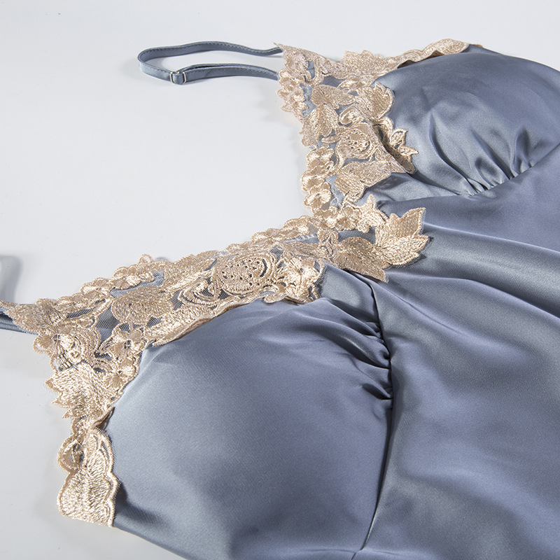pigiama sexy da donna in seta di ghiaccio set da cinque pezzi con bretelle camicia da notte a maniche lunghe in seta sottile da casa con imbottitura sul petto_voghion.com