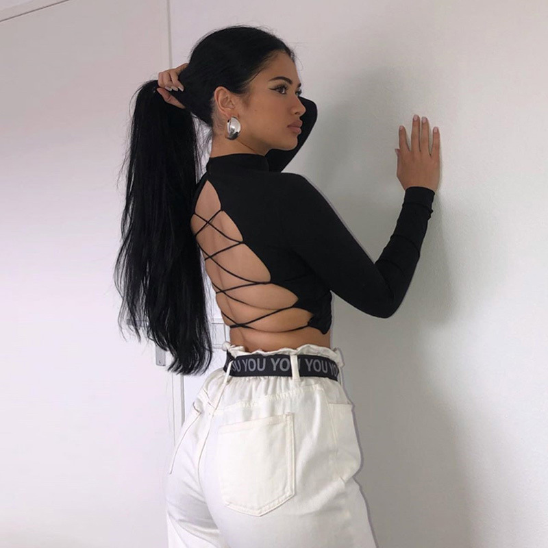Women's round neck long sleeve sexy halter strap slim-fit T-shirt_voghion.com