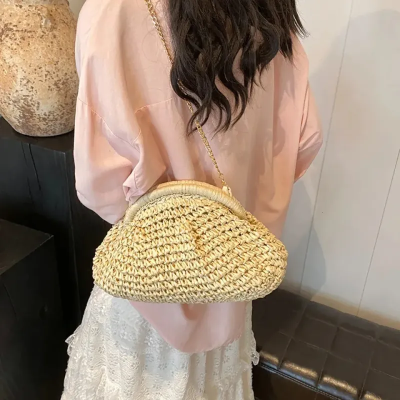 Borsa da donna in paglia intrecciata con tracolla a catena, grande capacità, elegante, a tracolla, tinta unita, per spiaggia estiva, 250614l_voghion.com