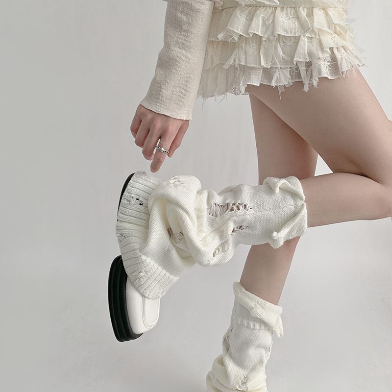 Nouvelles jambières tricotées style JK pour femmes, grises, déchirées et à revers, chaussettes mi-mollet évasées et empilées de sous-culture Y2K_voghion.com