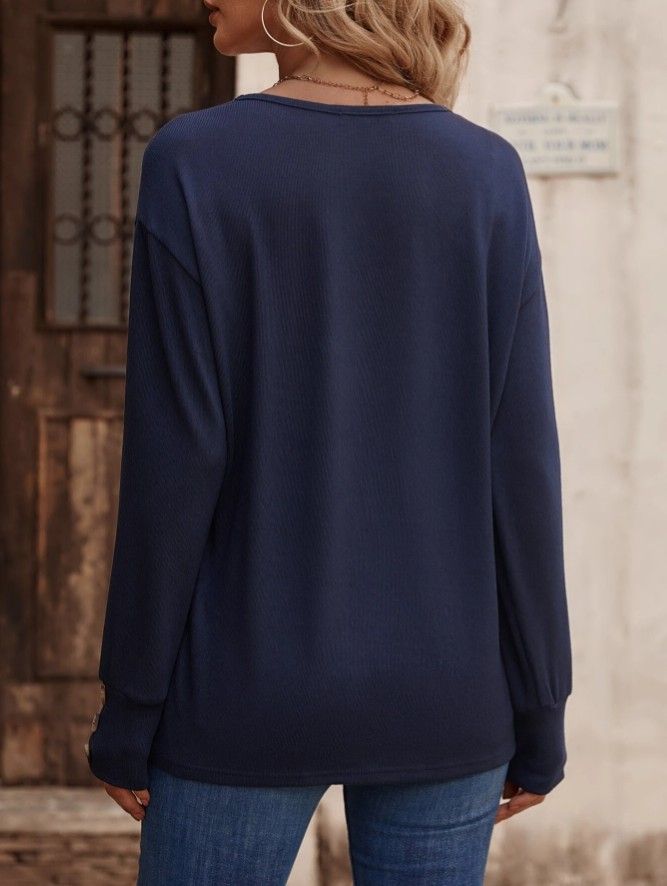 T-shirt da donna a maniche lunghe con scollo a V, tinta unita, autunno/inverno 2025_voghion.com