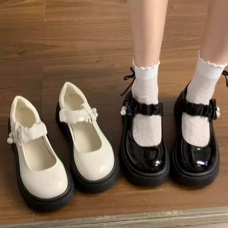 Französische Mary Jane Einpedal-Damenschuhe Temperamentschuhe Erhöhte Jk-Schuhe Runder Kopf mit Mary Jane Kleine Lederschuhe_voghion.com