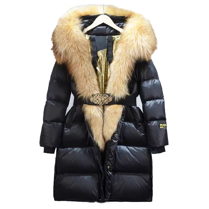 Women's Clothing 24 New Thickened Ladies Extended Black Gold Lock Warm Real Fox Fur Large Fur Collar Duck Warm Jacket Jacket_voghion.com