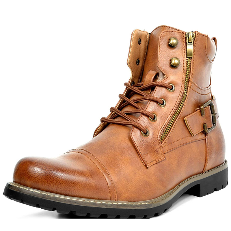 HPIOPL Cross-border 3009 Ritter Metall Doppelreißverschluss Ritterstiefel Herren Lederstiefel Bikerstiefel 48 Übergröße_voghion.com
