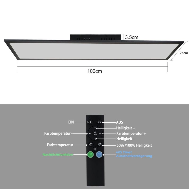 Glitzerlife LED Panel Schwarz Deckenleuchte Dimmbar - Flach Deckenlampe Büro Mit Fernbedienung Moderne Wohnzimmerlampe 100x25CM Küchenlampe 42W Deckenpanel_voghion.com