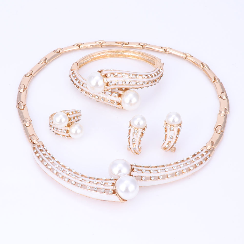 Collar de perlas simuladas de cristal para dama de honor de boda para mujer, pendientes colgantes, brazalete, anillo, conjunto de joyería para disfraz de fiesta_voghion.com