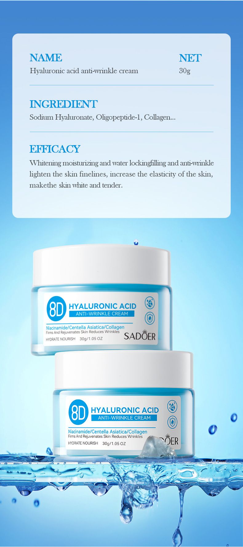 SADOER8D Hyaluronic Acid Anti-Wrinkle 6 Set Hydrating Nourishing Cream Moisturizing Rejuvenating Cream Set Collagen: Enhances Elasticity, Tightens Co_voghion.com