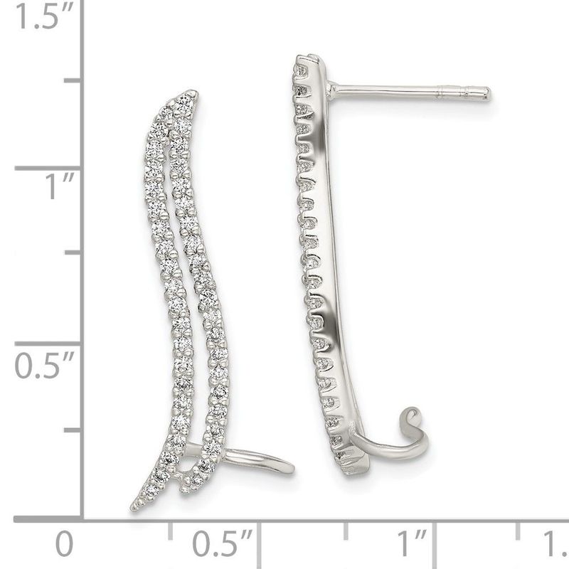 Sterling Silver Polished CZ Double Row Post & Cuff Ear Climber Earrings_voghion.com