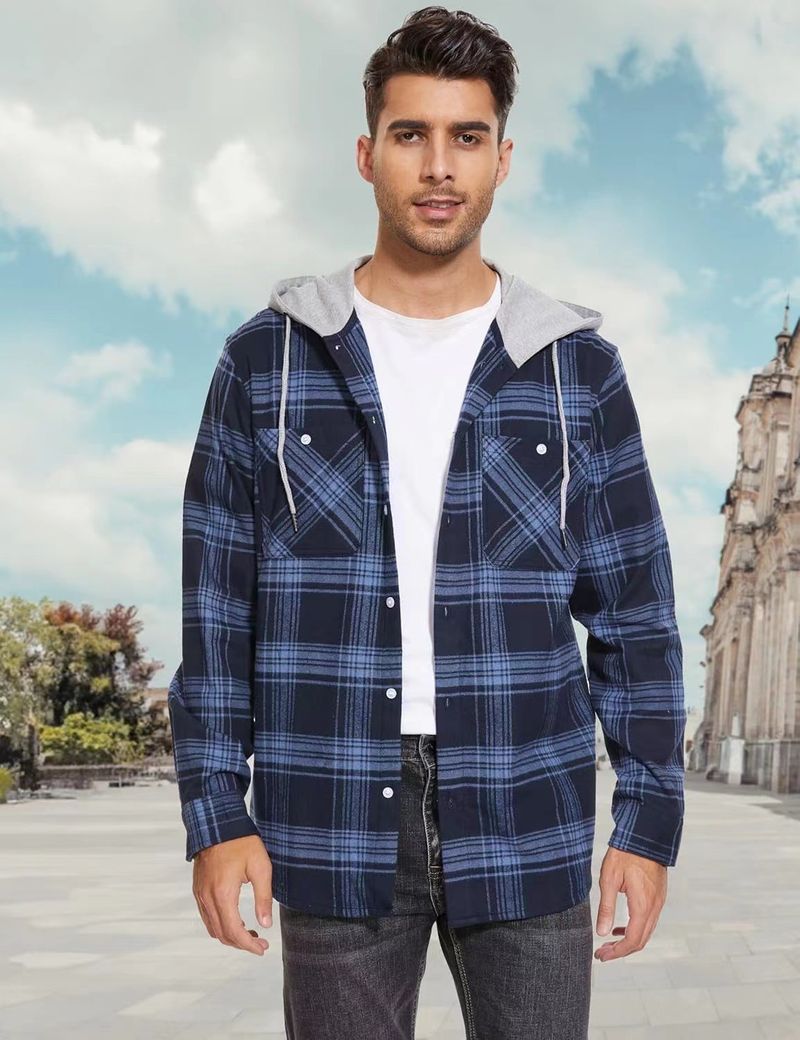 Herrenbekleidung Herbst und Winter Heißes Herren Flanellhemd Baumwolle Langärmliges Kariertes Hemd Lässiges Kapuzenhemd_voghion.com