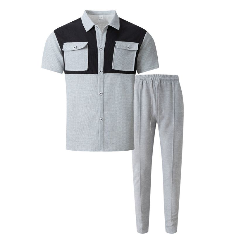 Herenkleding Nieuw wafelpatroon met vier rijen zakken, bijpassende korte mouwen overhemd en broek, tweedelig pak_voghion.com