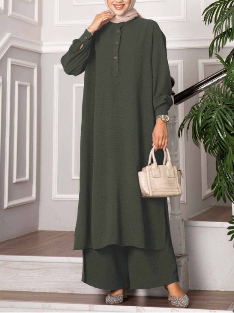 Großhandel: Asymmetrisches muslimisches Maxikleid – Knopfdetail und Glockenärmel | Schlichtes, locker sitzendes Lagenkleid (Armeegrün und Khaki)_voghion.com