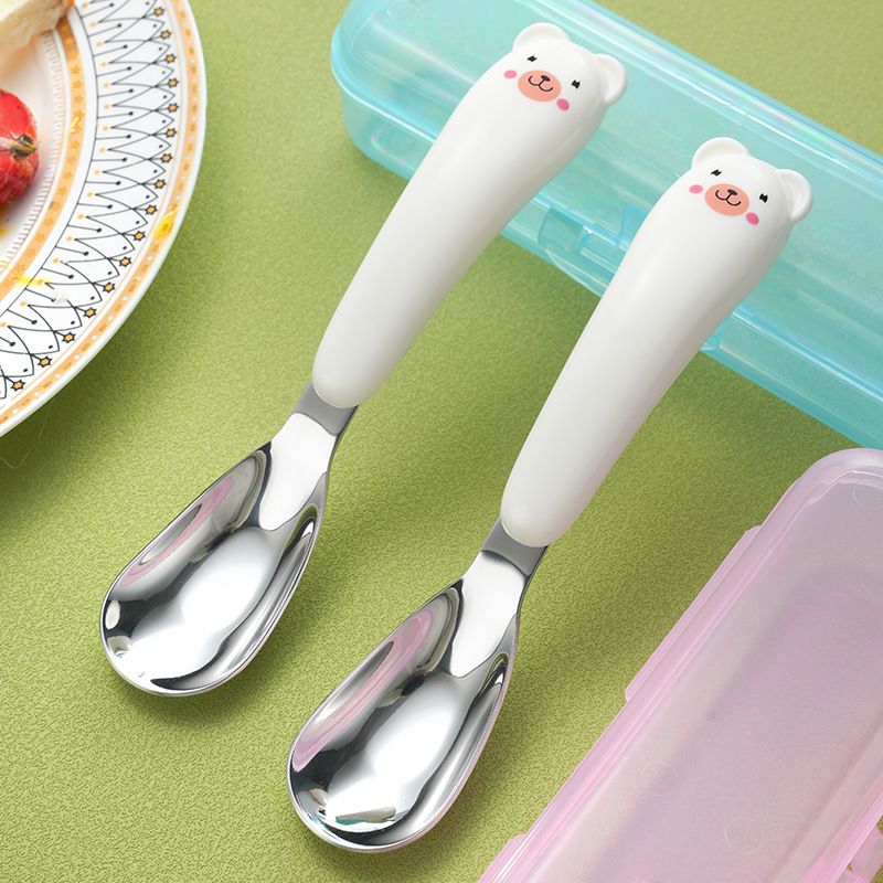 Colher de treinamento para alimentação infantil em aço inoxidável 316, urso de pelúcia de duas cores, suprimentos para mães e bebês_voghion.com