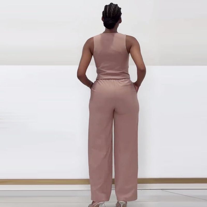 Women's New Fashionable Sleeveless Vest And Wide-Leg Pants Two-Piece Set_voghion.com