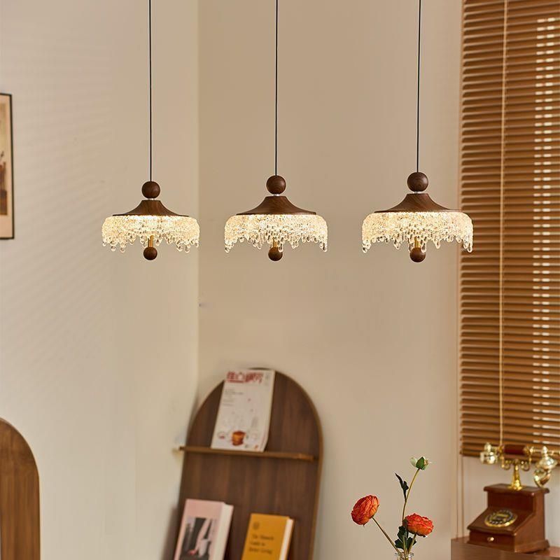 French Vintage Style Water Drop Restaurant Walnut Wood Grain Crystal Three-Head Long Plate Bar Pendant Light_voghion.com