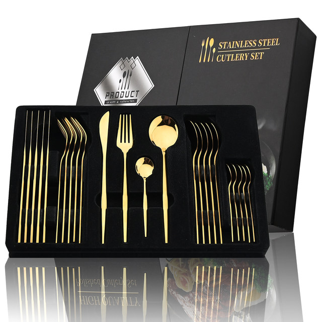 Set de tacâmuri aurite cu mâner negru, 24 buc, cuțit din oțel inoxidabil, furculiță, linguriță, set de tacâmuri, pentru festival, pentru bucătărie, cadou_voghion.com