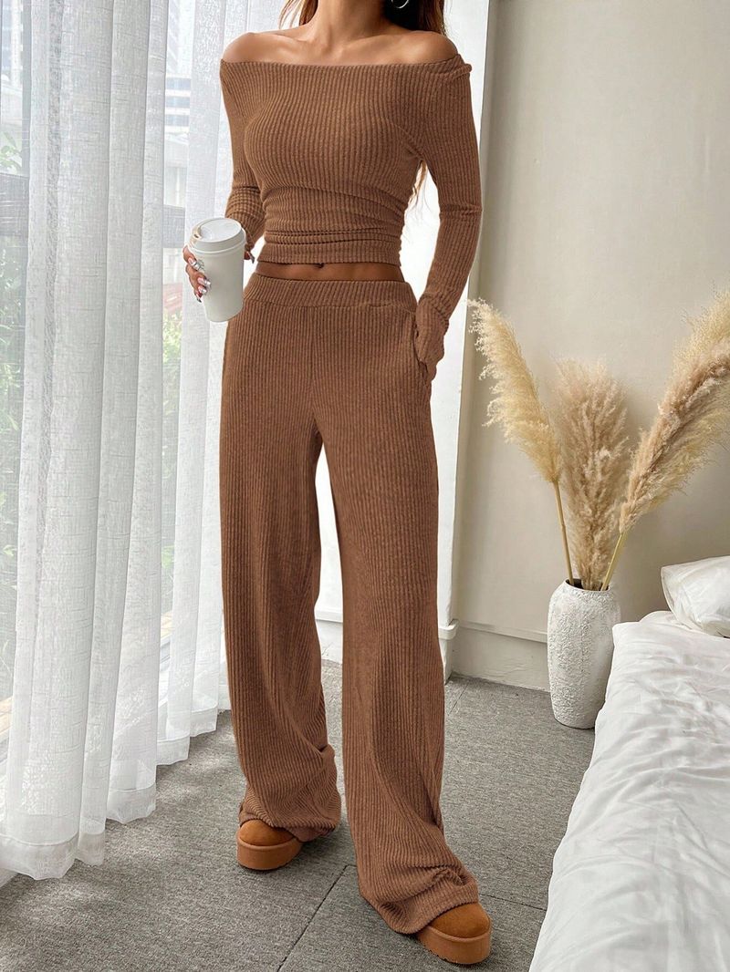 "Chic Long-Sleeve Boat Neck Top & Elastic Waist Wide-Leg Pants Set – Comfortable & Stylish Outfit"_voghion.com