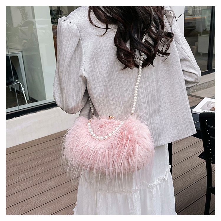 Borsa a tracolla con tracolla in stile fata, piccola borsa quadrata con catena di perle di peluche di grande capacità_voghion.com