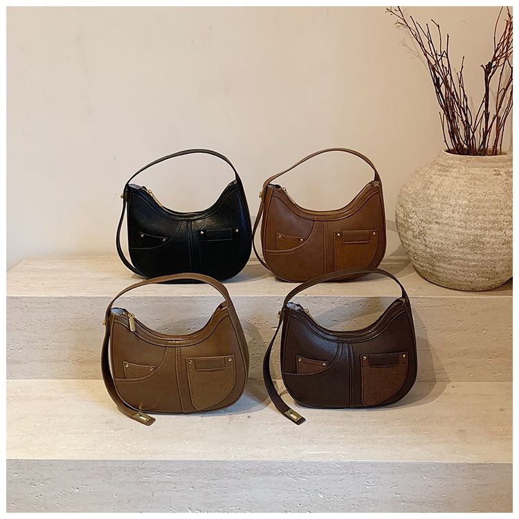 Underarm design, crescent shaped frosted pocket splicing, shoulder bag, personalized buckle women's bag_voghion.com