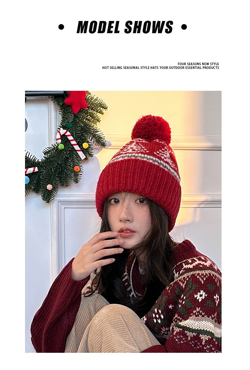 Gorro navideño rojo de lana para niños, ideal para el invierno. Grueso, cálido y con protección para las orejas. Perfecto para parejas, estudiantes y personas que buscan un gorro de punto resistente al frío._voghion.com