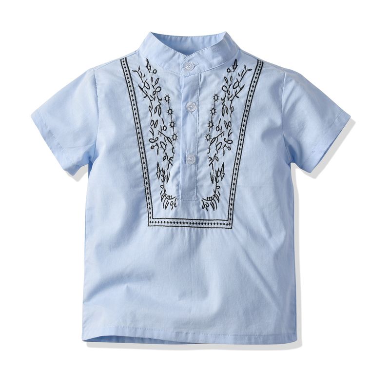 Mother&Kids Camicia da bambino in cotone a maniche corte con colletto rialzato ricamato. Cardigan a maniche corte per bambini_voghion.com