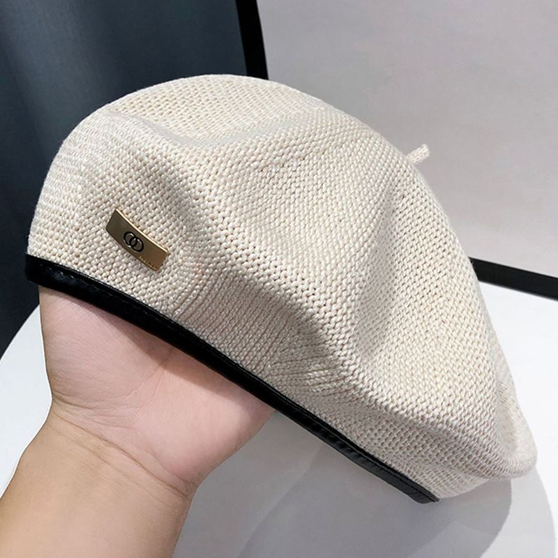 Mode Einfarbig Retro Baskenmütze Kappe für Frauen Pu Rand Gestrickte Baskenmützen Koreanische Vielseitige Britische Dünne Maler Hut Weibliche Zeitungsjunge_voghion.com