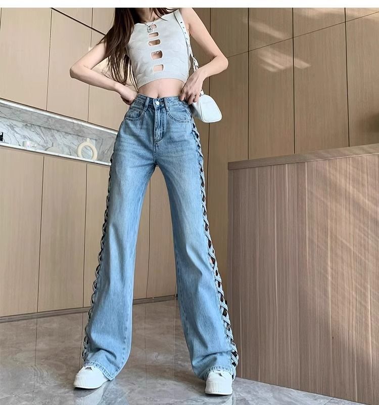 Abbigliamento da donna, design primaverile ed estivo, pantaloni sottili e versatili a vita alta lunghi fino al pavimento_voghion.com