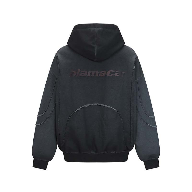 Felpa con cappuccio destrutturata da uomo – Felpa oversize con zip, stampa grafica e dettagli con bordi grezzi (rosso/grigio)_voghion.com